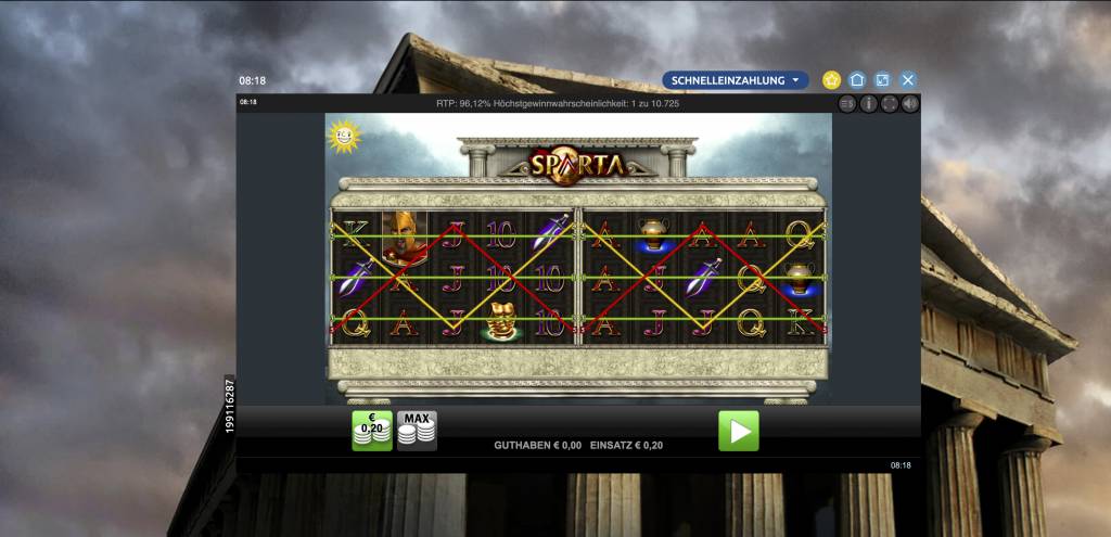 Sparta Slot Spieloberfläche vor einem antiken römischen Gebäude